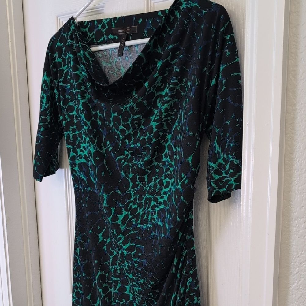 BCBGMaxAzria Black and Teal Printed Cowl-Neck Midi Dress